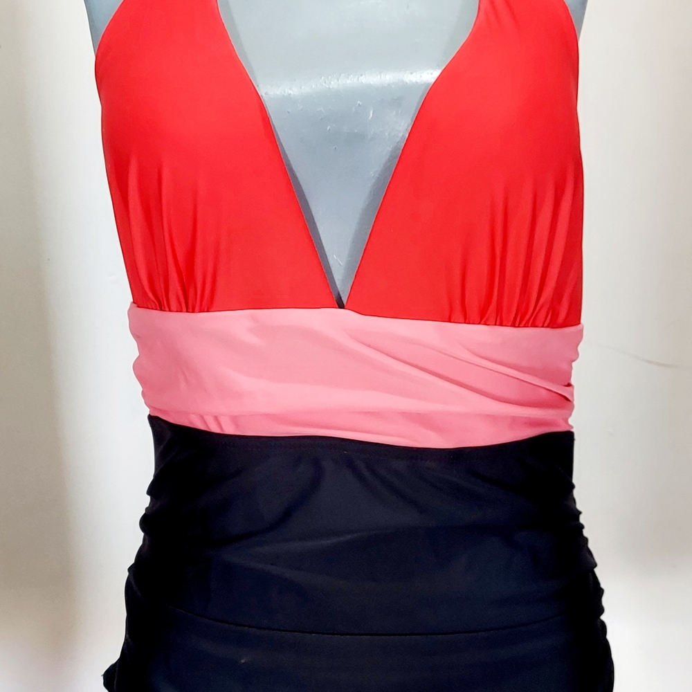 Brand Nwt Serra Red, Pink & Black Colorblock Plunge One-Piece Swimsuit